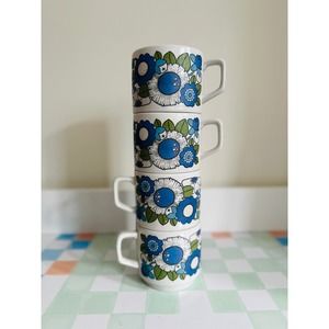 Vintage TOGNANA 70S Blue Flower Mugs set‎ of 4